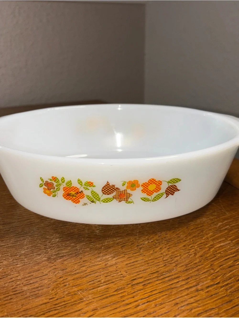 FIRE-KING Gingham Flowers Casserole Dish 1.5QT Milk Glass Vintage Anchor Hocking